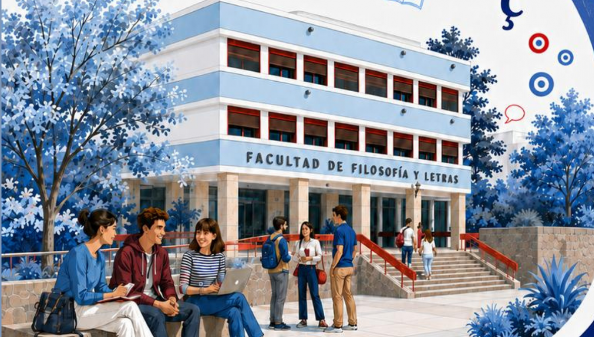 imagen Viví Francia junto a la Facultad de Filosofía y Letras 