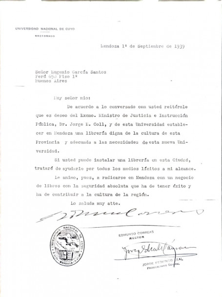 imagen Carta de invitación del Rector Edmundo Correas de la UNCUYO a Eugenio García Santos para abrir una librería en Mendoza que abastezca a la reciente inaugurada Universidad Nacional de Cuyo.