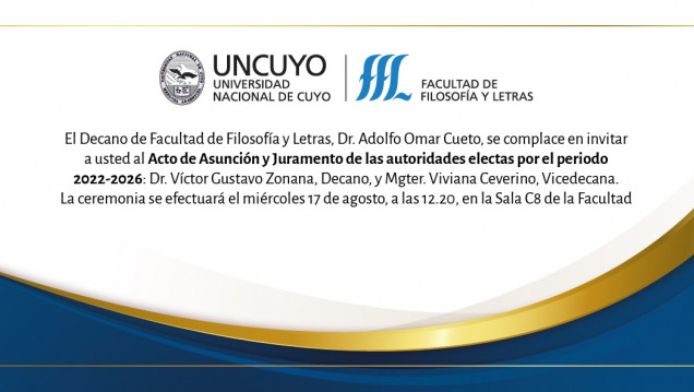 imagen Invitación  a la Asunción y Juramento de las nuevas autoridades de la FFyL