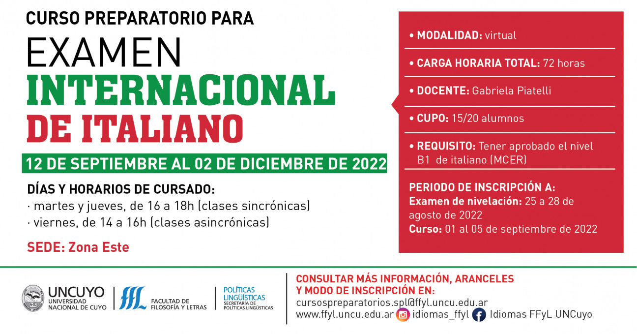 imagen Curso "Preparación al examen internacional de italiano" - Zona Este 